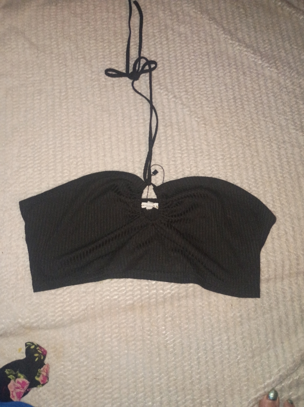 Black Strapless Ribbed Crop Top with Removable Halter Tie